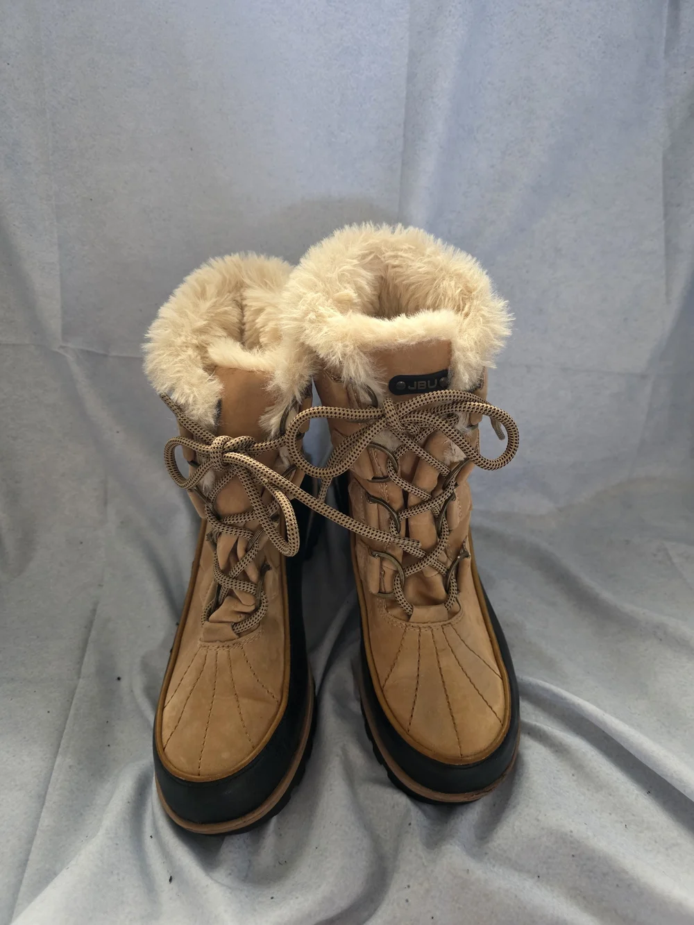 Insulated Tan JBL Lace-Up Winter Ankle Boots with Faux-Fur Inside.